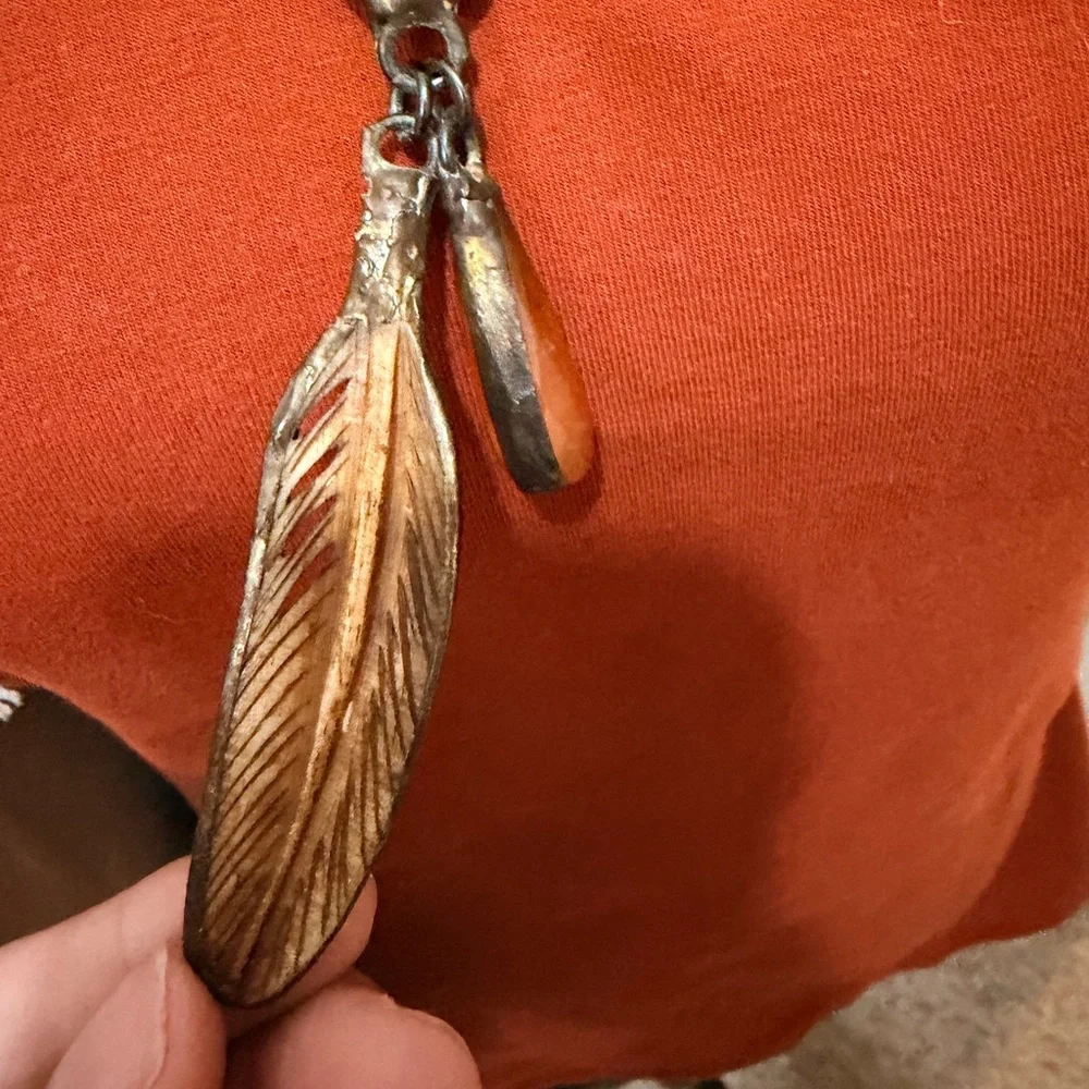 Bohemian-Style Orange Beaded Necklace with Feather Pendant